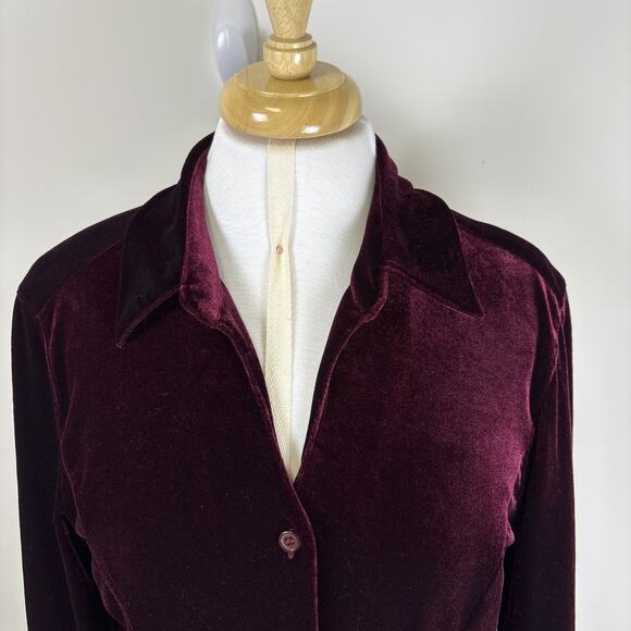 Harve’ Benard Velvet Deep Burgundy Stretch Button Up Long Sleeve Holiday Glam M - Picture 7 of 15